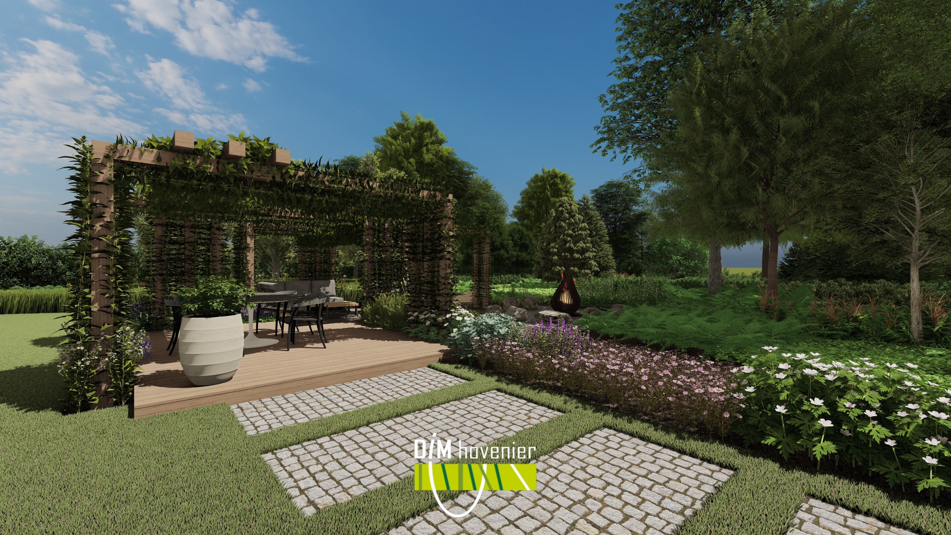 Een royale landelijke tuin in Foxwolde met water, ruim gazon en een bosrijke sfeer die aansluit op het Drentse landschap.
