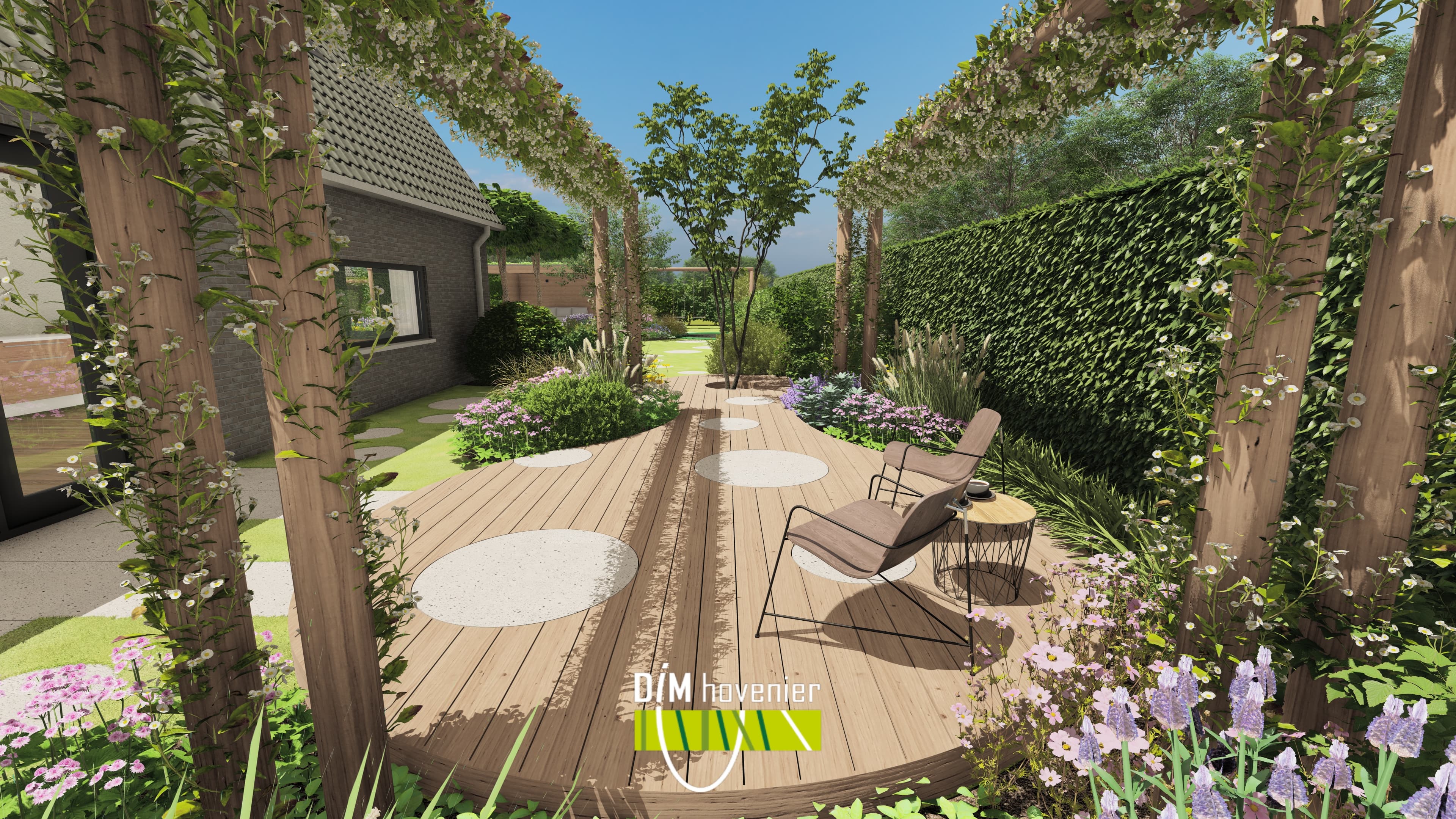 Een royale tuin in Leek met zachte, vloeiende lijnen: organische paden, golvende borders en een rustige kleurstelling.