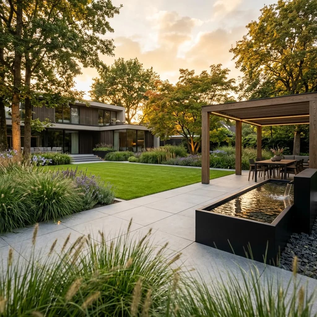 Moderne tuin met pergola, ontworpen door DIM Design met 3D-visualisatie