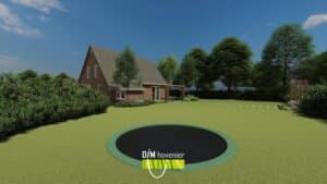 Achtertuin met ingegraven trampoline en strak gazon in 3D tuinontwerp