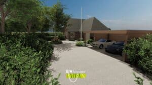 Luxe carport in tuinontwerp met grindverharding en borders