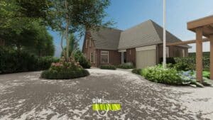 3D visualisatie van entree met bomen en seizoensbeplanting