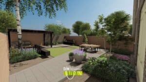 Stadstuin met zithoek en borders in 3D visualisatie