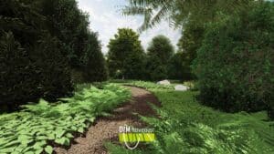 Slingerend bospad door natuurlijke tuin met varens en bomen in landelijke setting