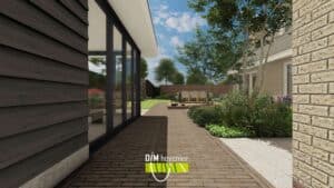 3D tuinontwerp met houten gevel en terrastegels