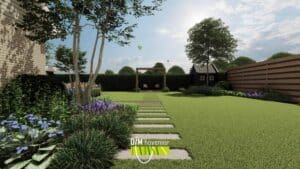 Ontwerp van symmetrische voortuin met staptegels