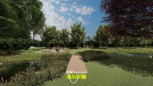 Vlonderpad naar vuurplaats met vijver op een groot landelijk erf in Foxwolde