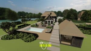 Landelijke tuin met strak ontwerp en luxe buitenverblijf