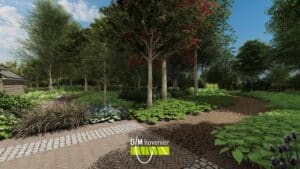 Tuinpad van klinkers door een bostuin met weelderige beplanting en hoogteverschillen