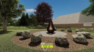 Vuurplaats met keien voor een klassieke boerderij op een ruim perceel.