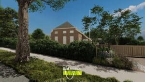 Voorgevel van een boerderij met hagen, bestrating en volwassen beplanting