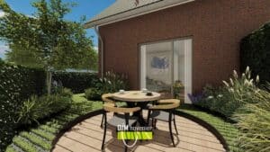 Gezellige tuininrichting met ronde tafel en uitzicht op binnenruimte