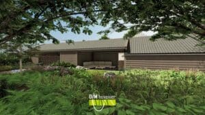 Overzicht van kapschuur met loungeset in landelijke bostuinomgeving