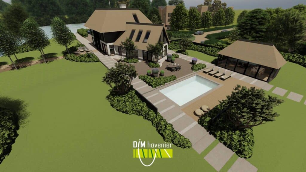 Tuin met zwembad en loungeplek aan het water