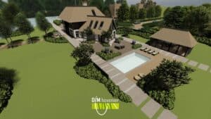 Tuin met zwembad en loungeplek aan het water