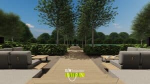 Loungeterras met symmetrische boomrij