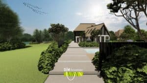 Tuinpad van stapstenen langs zwembad