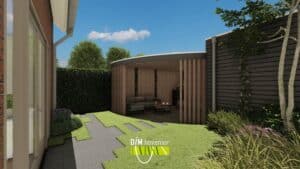 Moderne houten overkapping met zithoek in landelijke tuin.