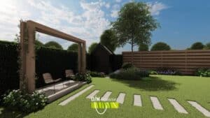 3D tuinontwerp met zithoek en houten erfafscheiding