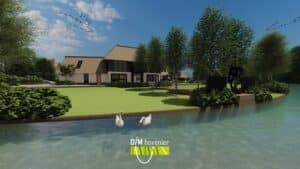 DIM Hovenier ontwerp met zicht op kunst en vijver