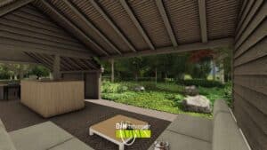 Loungeterras onder kapschuur met uitzicht op bosrijke tuin en grasveld