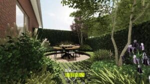 Landelijke achtertuin met natuurlijke beplanting en terras