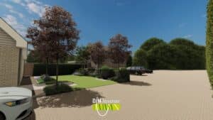 Landschapsontwerp met parkeerplek en sierbeplanting