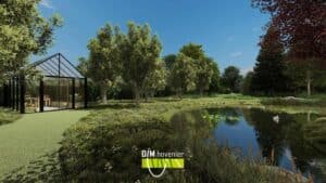 Landelijke tuin met natuurlijke vijver, bomenrij en glazen kas in de verte