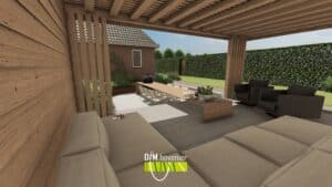 3D weergave van luxe terrasoverkapping in groene achtertuin