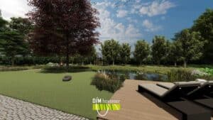 Luxe tuin met vlonder, ligbedden en grote vijver omgeven door bomen