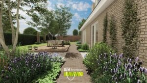 Gezellige zithoek onder pergola in landelijke tuin