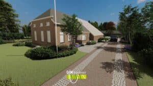 Oprijlaan met gebakken klinkers en beplanting naar rietgedekte boerderij