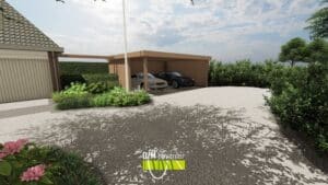 Oprit met houten carport en kleurrijke borderbeplanting
