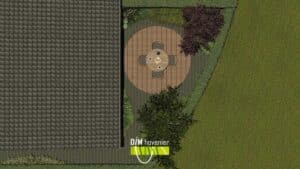 Rond houten terras als middelpunt van tuinontwerp.