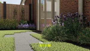 Lavendel en siergras vormen kleurrijke border in 3D tuinontwerp.