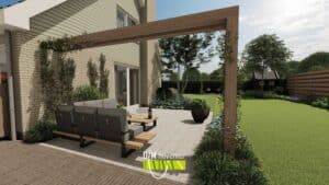 3D tuinontwerp met houten pergola en zichtlijn