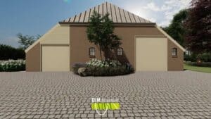 Achtergevel van landelijke woning met sierbeplanting en grindbestrating