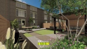 Vooraanzicht van een ingerichte stadstuin met overkapping