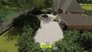 3D tuinontwerp met overzichtelijke routing en carport