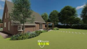 Houtbouw pergola bij woning met ruime tuin