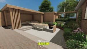 Buitenkeuken met keramische BBQ en lange eettafel in strakke achtertuin