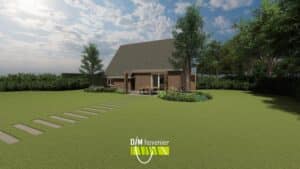 3D tuinontwerp met rechte lijnen en groene ruimte rondom huis