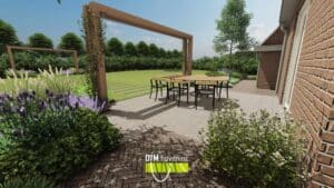 Moderne tuin met plantenborder en houten pergola bij terras