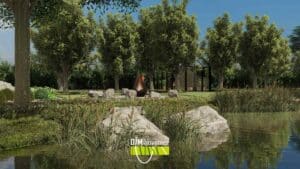 Reflectie van bomen en vuurplaats in vijver op ruim boerenerf