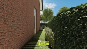 Zijaanzicht van landelijke tuin met natuurlijke afscherming.