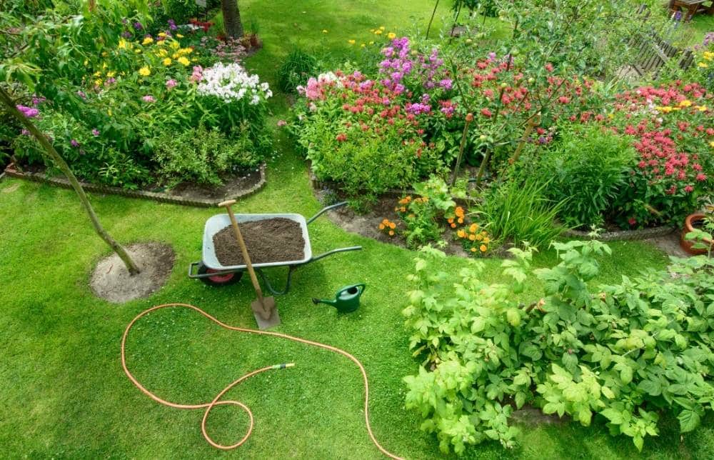 Voorjaarstuin met bloeiende planten en goed onderhoud