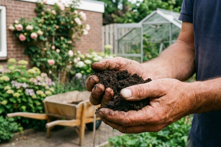 Bodemonderzoek in de tuin, handen met grond voor analyse van tuingrond