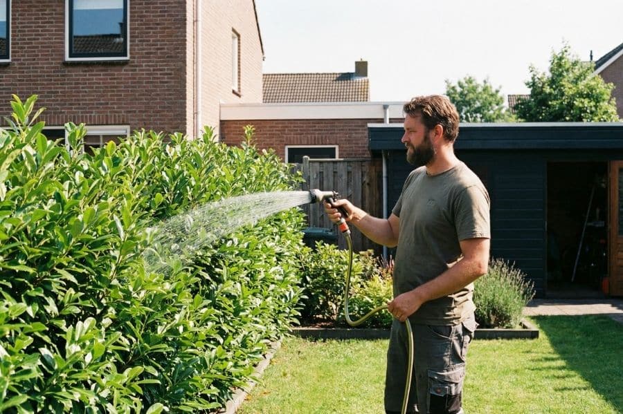 Man geeft laurierkers haag water met tuinslang, verzorging van laurierhaag