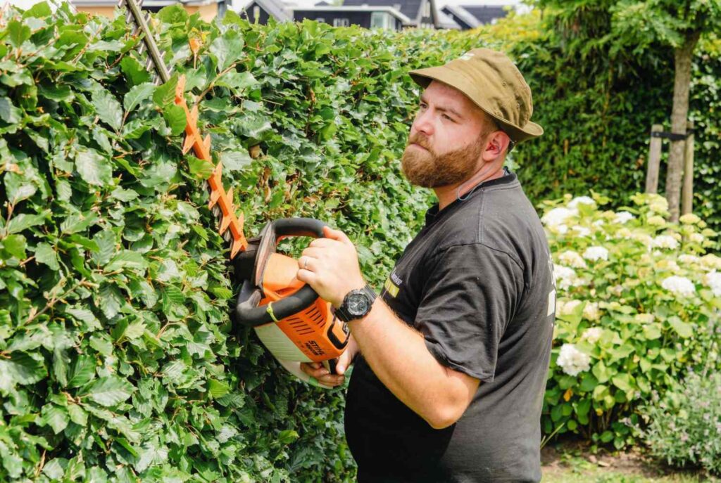 Hovenier van DIM snoeit een heg