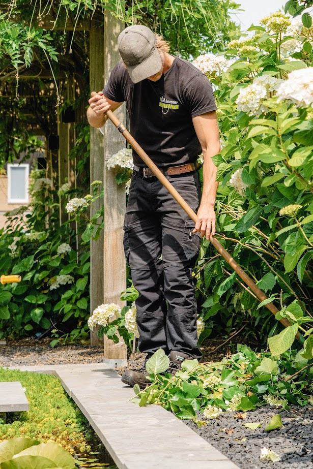 Hovenier van DIM bezig met tuinonderhoud